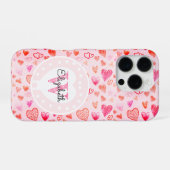 Dainty Roze Hart Patroon & Monogram Wit Hart iPhone Hoesje (Achterkant horizontaal)