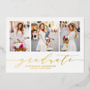 Dainty Script Drie Foto Afstuderen Folie Uitnodiging