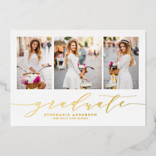 Dainty Script Drie Foto Afstuderen Folie Uitnodiging