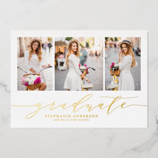 Dainty Script Drie Foto Afstuderen Folie Uitnodiging (Voorkant)