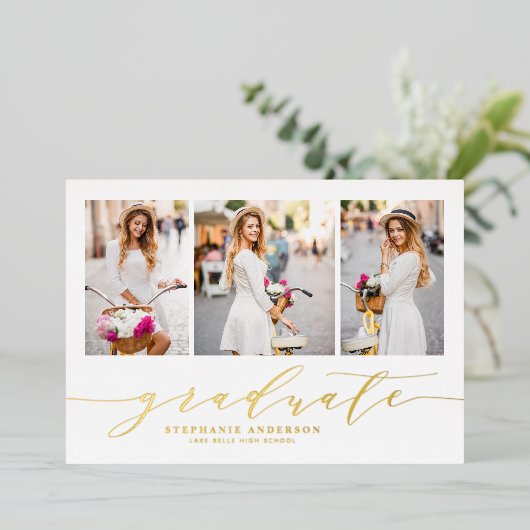 Dainty Script Drie Foto Afstuderen Folie Uitnodiging (Staand Voorkant)
