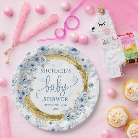 Dainty stoffige blauw waterverf bloemen gouden bab papieren bordje (Feest)