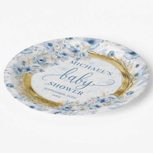 Dainty stoffige blauw waterverf bloemen gouden bab papieren bordje (Gekanteld)