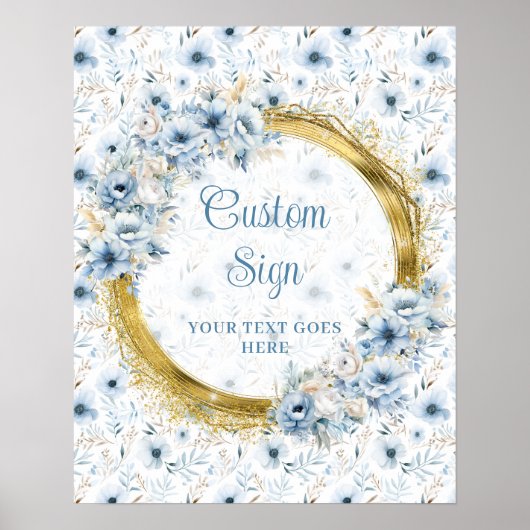 Dainty stoffige blauw waterverf bloemen gouden gew poster (Voorkant)