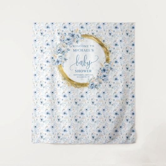 Dainty stoffige blauwe bloemen gouden baby showers wandkleed (Voorkant)