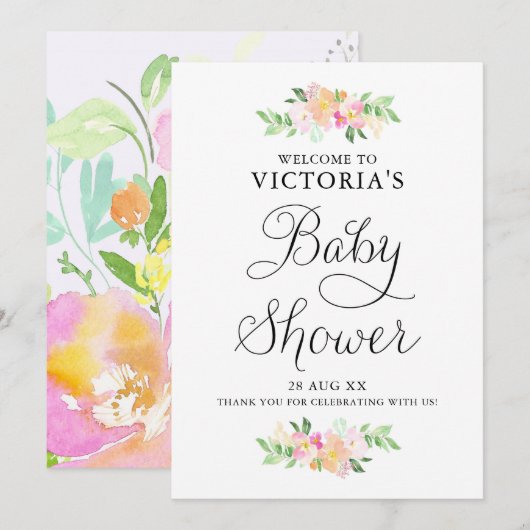 Dainty Waterverf Florals Baby shower Welkomstteken Kaart (Voorkant / Achterkant)