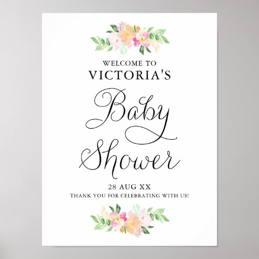 Dainty Waterverf Florals Baby shower Welkomstteken Poster (Voorkant)