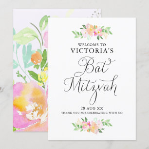 Dainty Waterverf Florals Bat Mitzvah Welcome Sign. Kaart