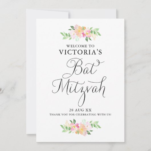 Dainty Waterverf Florals Bat Mitzvah Welkomstteken Kaart (Voorkant)
