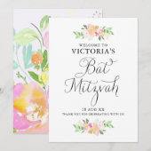 Dainty Waterverf Florals Bat Mitzvah Welkomstteken Kaart (Voorkant / Achterkant)