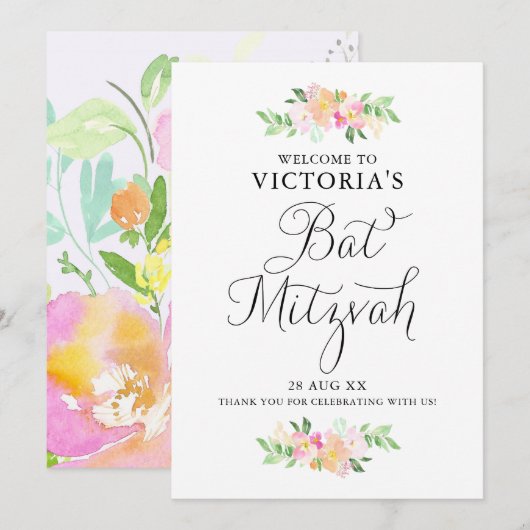 Dainty Waterverf Florals Bat Mitzvah Welkomstteken Kaart (Voorkant / Achterkant)