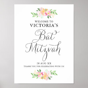 Dainty Waterverf Florals Bat Mitzvah Welkomstteken Poster