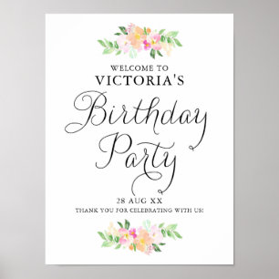 Dainty Waterverf Florals Birthday Party Welkom Poster