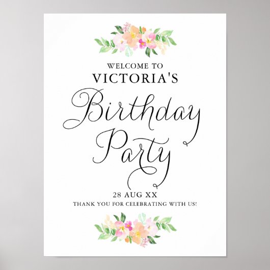 Dainty Waterverf Florals Birthday Party Welkom Poster (Voorkant)
