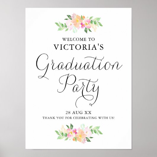 Dainty Waterverf Florals Graduparty Welcome Poster (Voorkant)