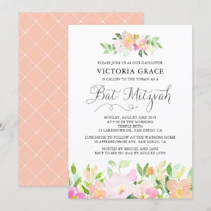 Dainty Waterverf Flowers Bat Mitswa Invitation Kaart