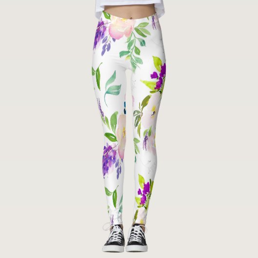Dainty Waterverf Flowers | Pioenen en Wisterias Leggings (Voorkant)