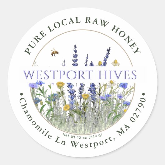 Dainty Wildbloemen Honingetiket Pure Local Raw Ronde Sticker (Voorkant)