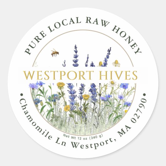 Dainty Wildbloemen Honingetiket Pure Local Raw Ronde Sticker (Voorkant)