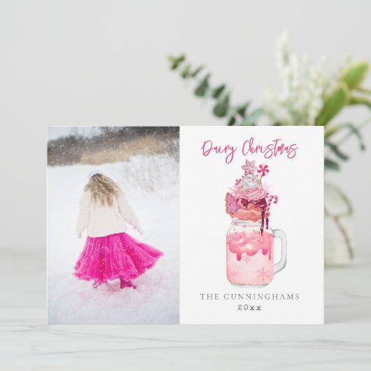 Dairy Kerst Roze Milkshake Feestdagenkaart (Staand voorkant)