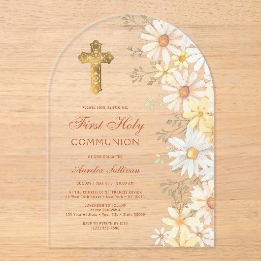 Daisies Arch Eerste Communie Acryl Uitnodigingen (Voorkant)