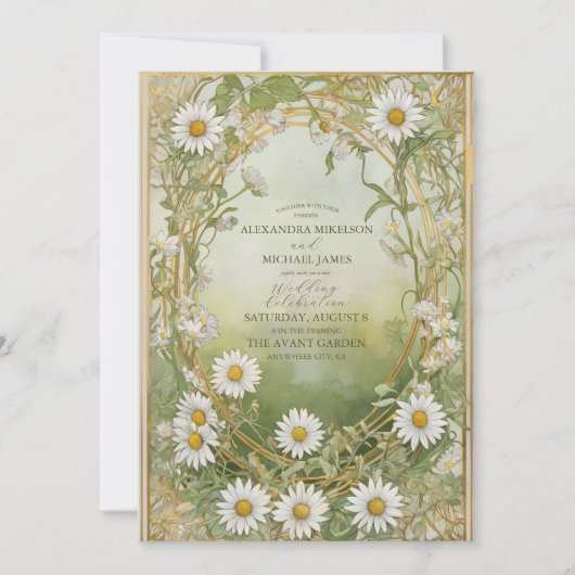 Daisies Art Nouveau Ivoor Green Wedding Kaart (Voorkant)