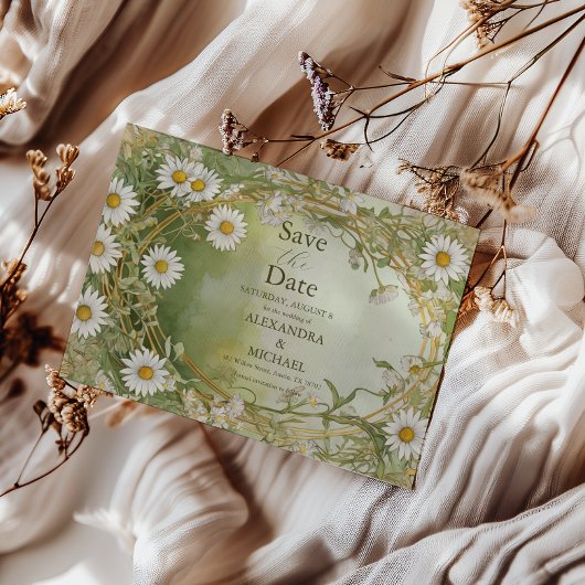 Daisies Art Nouveau Ivoor Green Wedding Save The Date