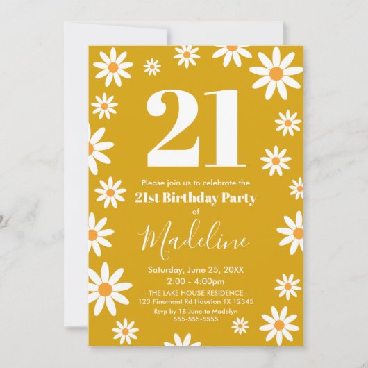 Daisies Birthday Party mustard Invitation Kaart (Voorkant)
