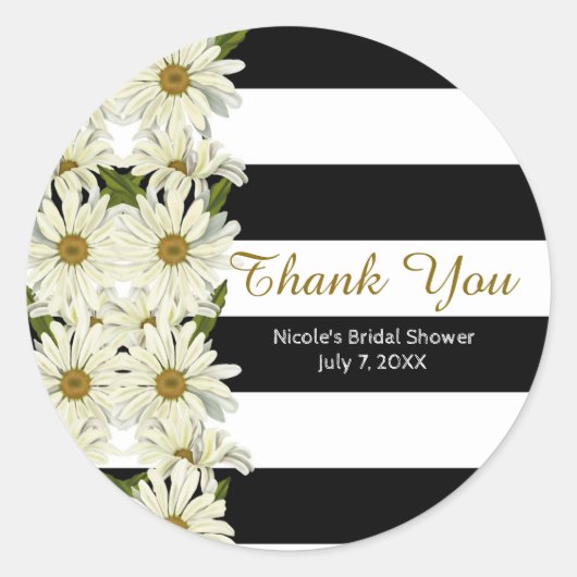 Daisies & Black White Stripes Modern Floral Ronde Sticker (Voorkant)
