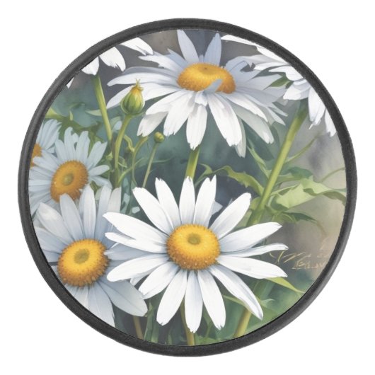 Daisies Bloemenbos Elegante Waterverf Hockey Puck (Voorkant)