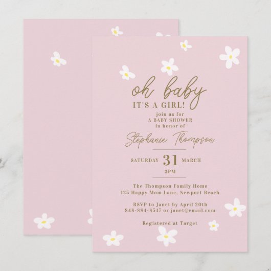 Daisies Blush Roze Oh Baby Meisje Douche Kaart (Voorkant / Achterkant)