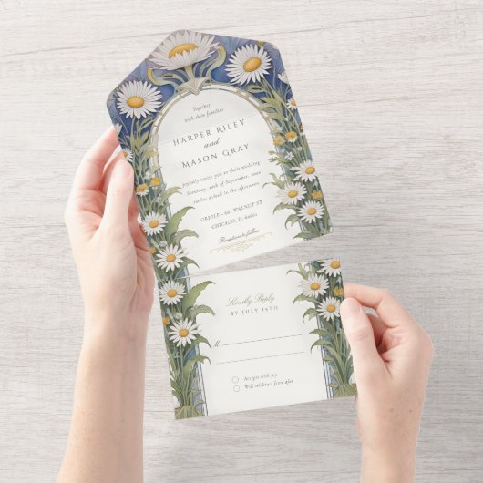 Daisies bruiloft geperforeerde RSVP All In One Uitnodiging (Afscheurbaar)