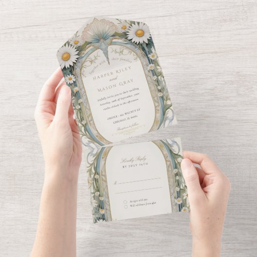 Daisies bruiloft geperforeerde RSVP All In One Uitnodiging (Afscheurbaar)