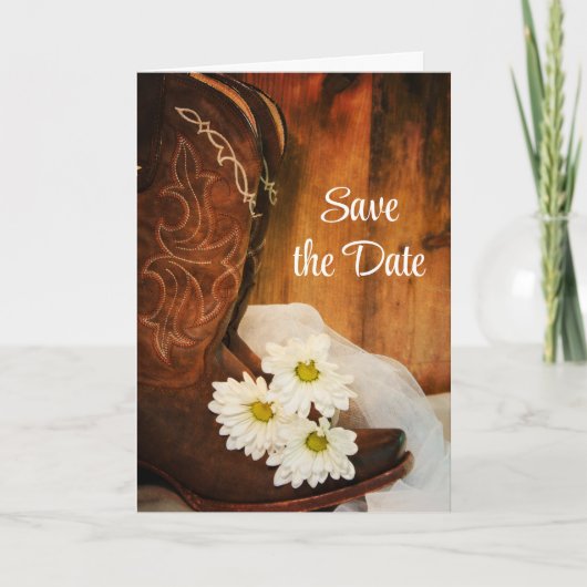 Daisies Cowboy Boots Western Wedding Save the Date Aankondiging (Voorkant)