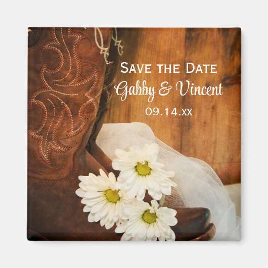 Daisies Cowboy Boots Western Wedding Save the Date Magneet (Voorkant)