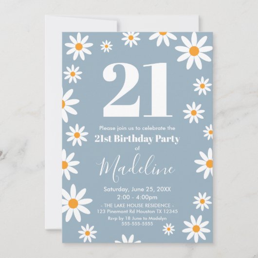 Daisies Dusty blue Birthday Party Invitation Kaart (Voorkant)