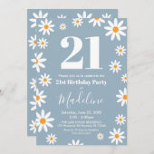 Daisies Dusty blue Birthday Party Invitation Kaart (Voorkant / Achterkant)