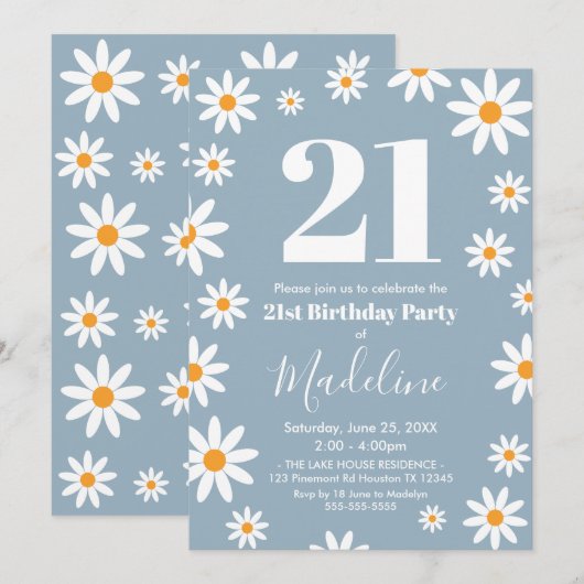 Daisies Dusty blue Birthday Party Invitation Kaart (Voorkant / Achterkant)
