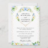 Daisies en Blauwe Bloemen Hart Krans Bruiloft Kaart (Voorkant)