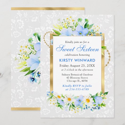 Daisies en Blauwe Zomer Bloemen Gouden Folie Zoet  Kaart (Voorkant / Achterkant)