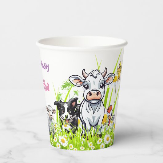 Daisies en boerderijdieren Gelukkige verjaardag Papieren Bekers (Achterkant)