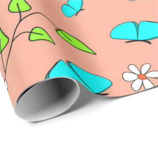 Daisies en Butterflies Coral & Turquoise Cadeaupapier