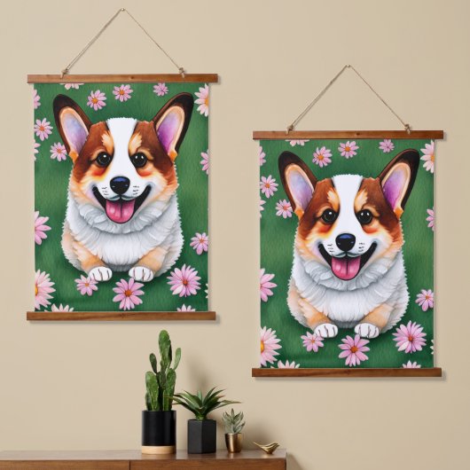 Daisies en Corgi Tapestry Hangend Wandkleed (Asymmetrisch)