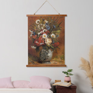 Daisies en pioenen in blauwe vaas, hangend wandkleed