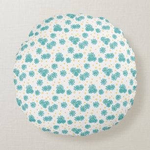 Daisies en Stippen - Turquoise en Geel Rond Kussen