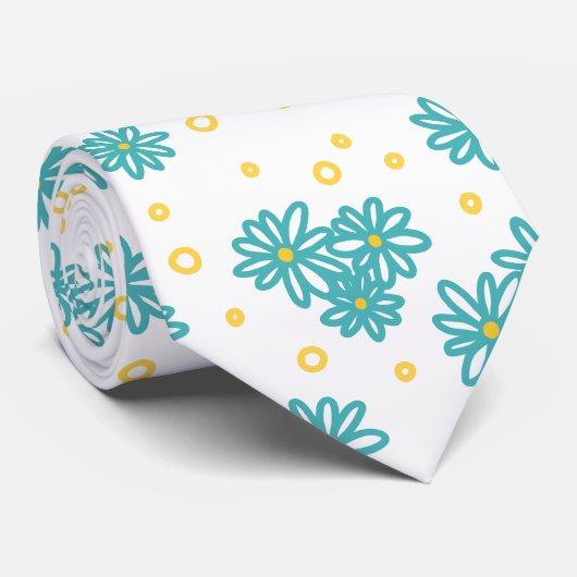 Daisies en Stippen - Turquoise en Geel Stropdas (Opgerold)