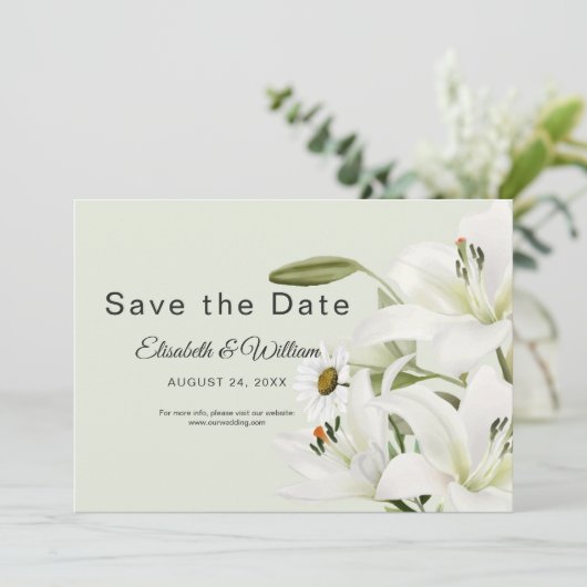 Daisies en White Lilies Light Green Background Save The Date (Staand voorkant)