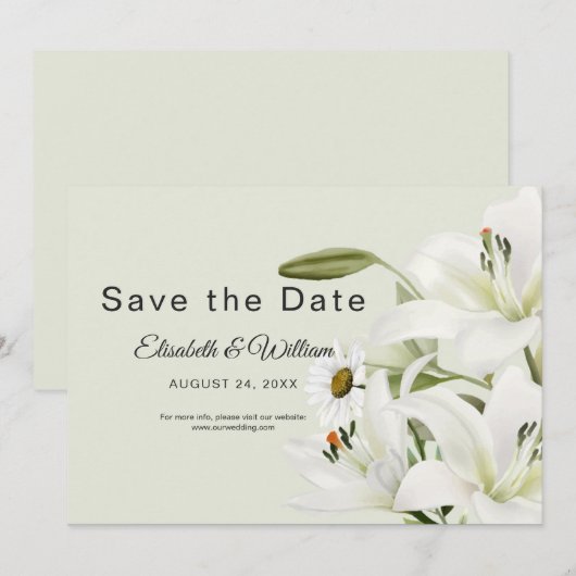 Daisies en White Lilies Light Green Background Save The Date (Voorkant / Achterkant)