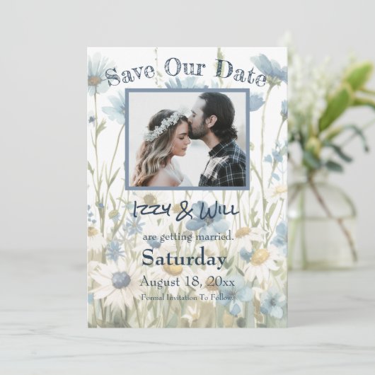 Daisies & Faded Denim rustieke bruiloft foto Save The Date (Staand voorkant)