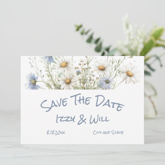 Daisies & Faded Denim rustieke bruiloft Save The Date (Staand voorkant)